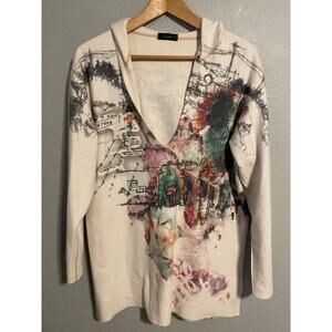 Inoah Tunic Sweater Womens Medium Hooded White City Graphic USA Boho Art To Wear